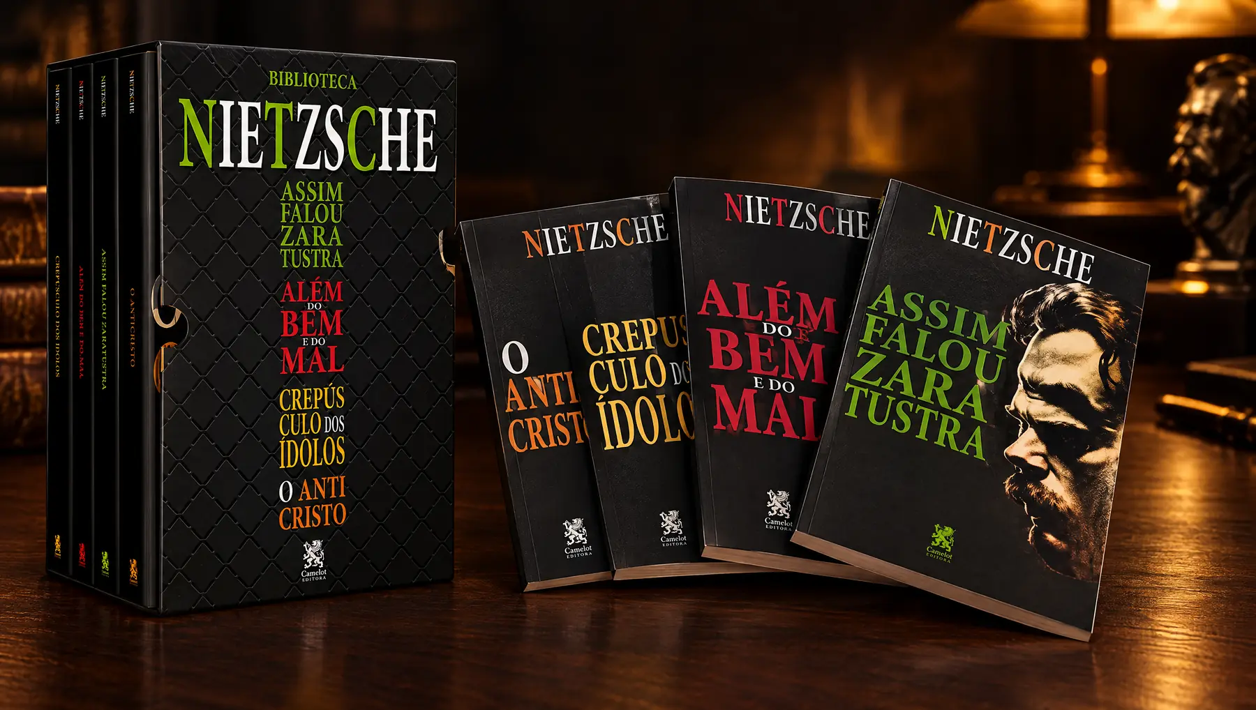 Box Biblioteca Nietzsche com os quatro livros abertos em leque sobre mesa de madeira