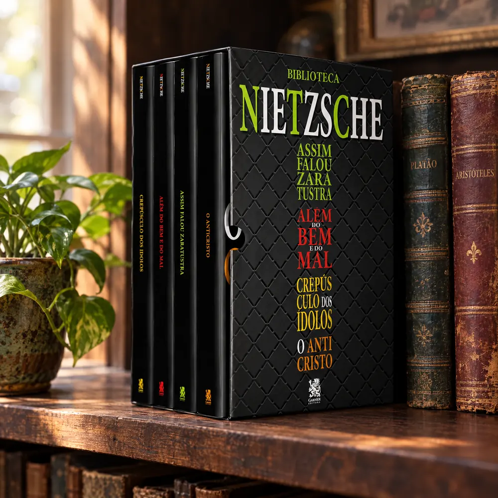 Box Biblioteca Nietzsche em uma estante de madeira